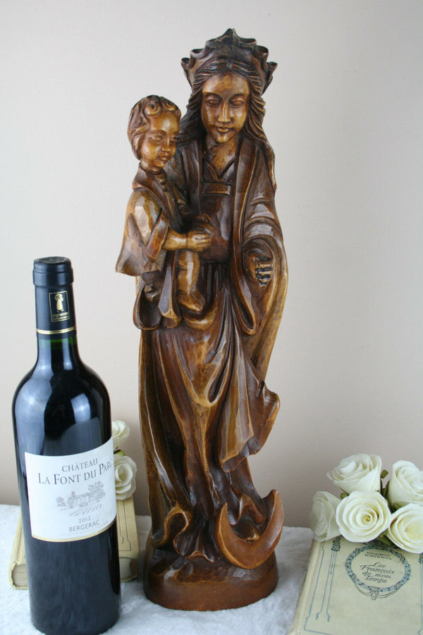 Antique Gorgeous wood carved German Madonna Mary statue religious 1920