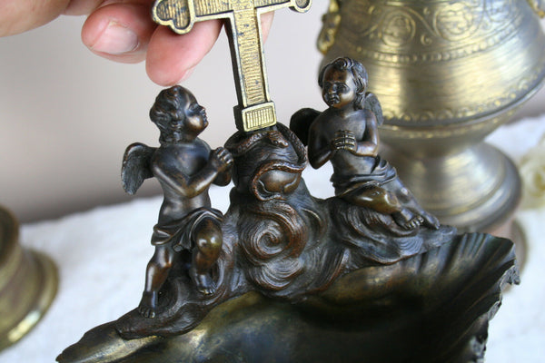 RARE antique religious Holy water font Vases set Putti Devil Dragons set church