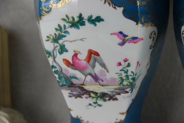 Pair French Limoges porcelain marked Vases Birds decor turquoise blue