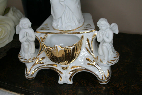 French antique Religious Bisque porcelain holy water font crucifix angels putti