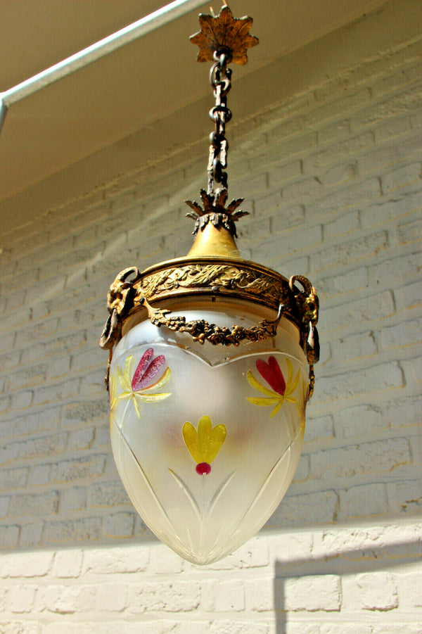 Antique French Lantern Pendant chandelier bronze ram heads enamel glass shade
