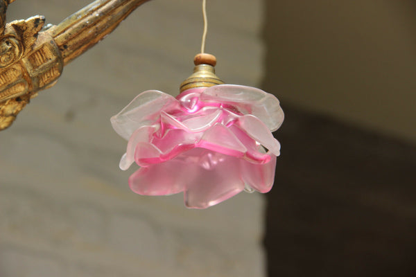 Antique art nouveau french pink tulip glass shade 3 arm chandelier pendant