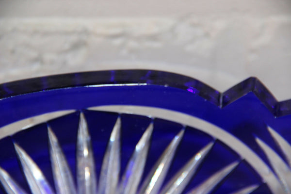 Large Vintage Czech bohemia art glass crystal Bowl hunting deer blue