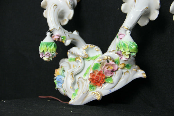 PAIR Italian capodimonte porcelain majolica relief flowers wall lights sconces