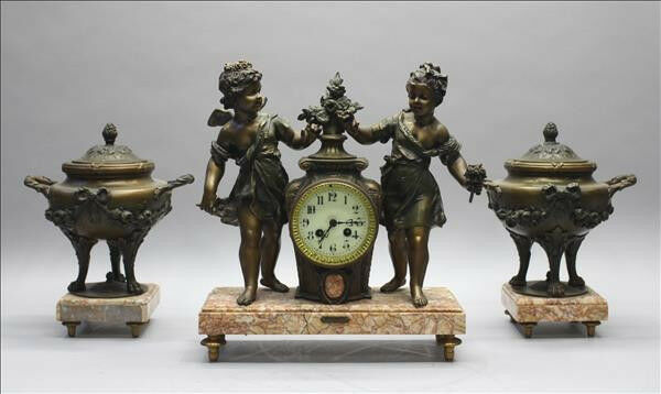 Antique French spelter Bronze clock garniture Vases urns cherubs marked Bruchon
