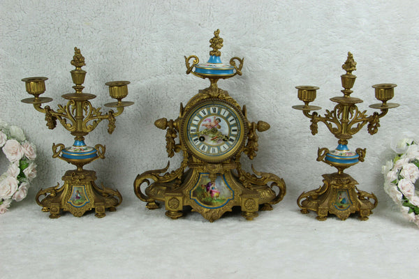 Antique 1860 SEVRES porcelain putti floral plaques clock set candlelabras