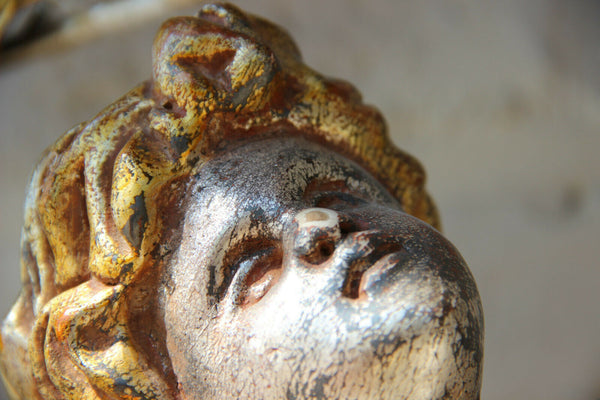 Vintage italian wood carved polychrome Angel putti lamp