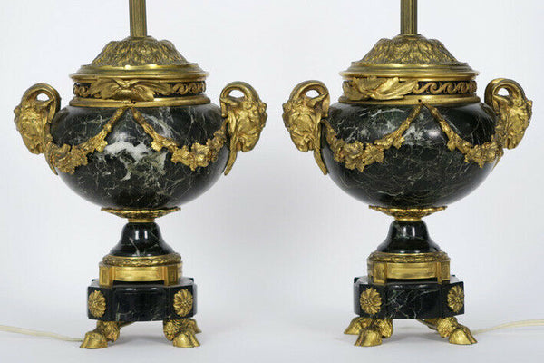 PAIR French antique empire Marble bronze ram heads louis XVI Vase Lamps rare