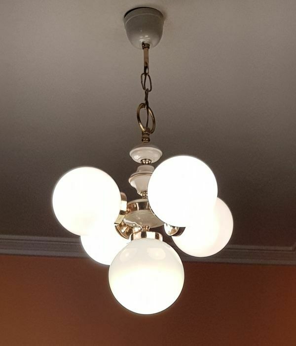 Vintage French 1970 opaline glass globe sputnik retro chandelier pendant