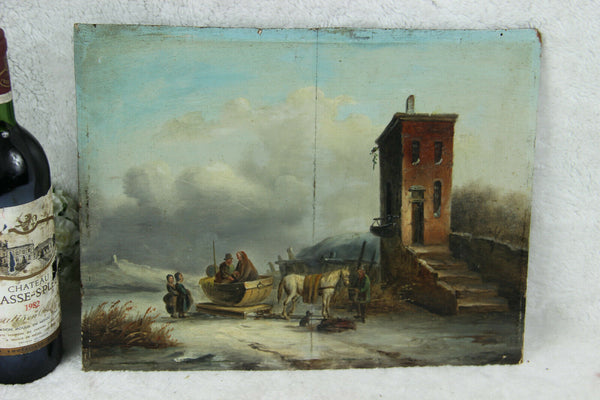 Antique 19thc Holland oil panel painting winter scene horse dog sled
