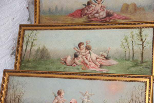 Top French Antique set 4 oil canvas Painting Putti angels  4 Seasons