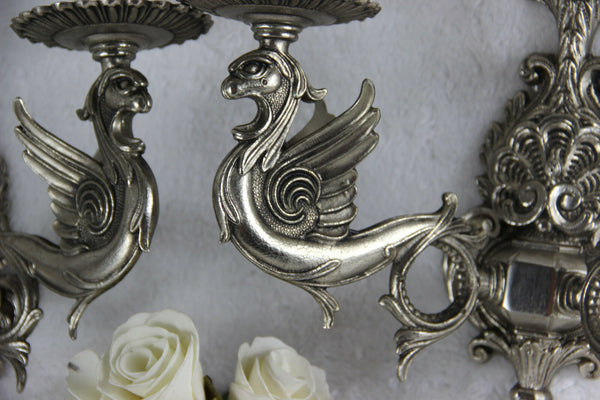 PAIR French gothic castle Dragon Chimaera Wall lights sconces silver patina