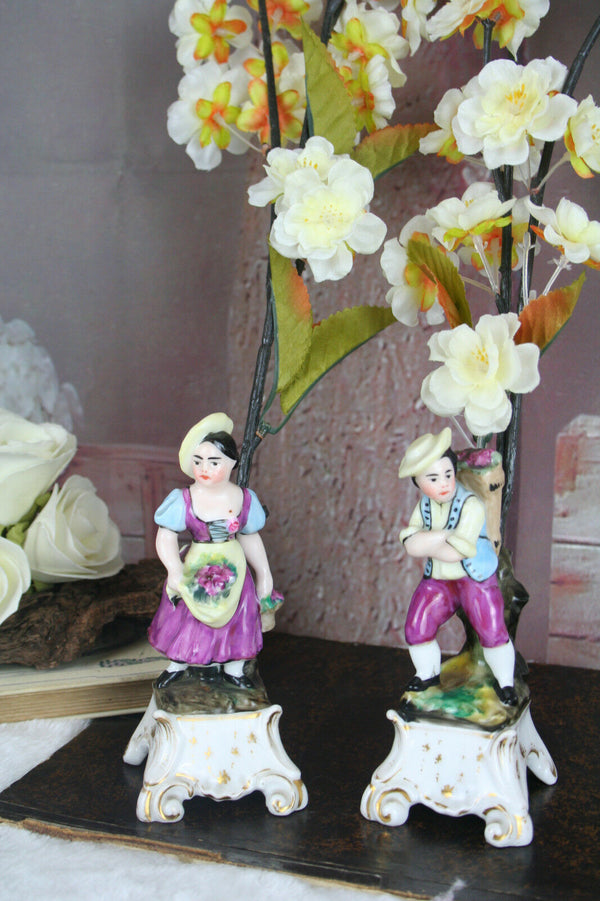PAIR French antique petit pique fleurs Vases Figurines man&lady porcelain faienc