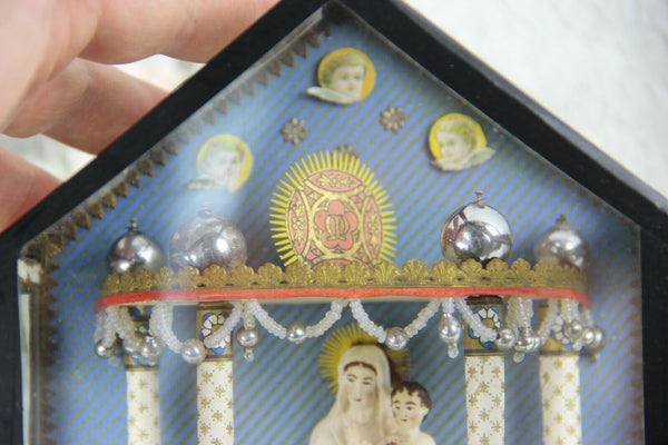 Antique 1900 French Home altar chapel glass Madonna religious