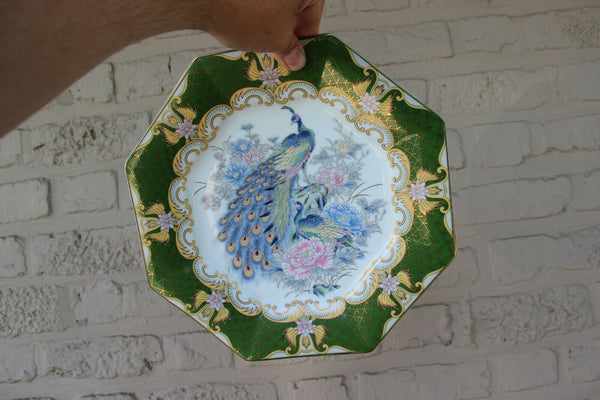 PAIR japanese porcelain peacock floral plates marked