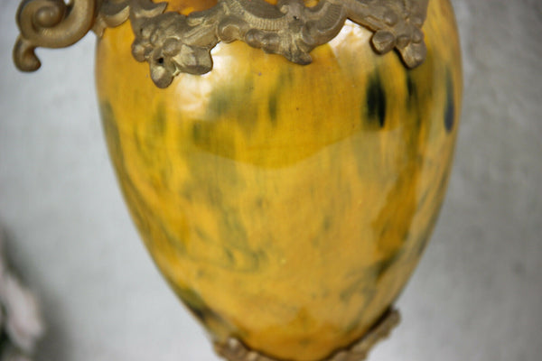 PAIR antique spelter bronze faience French ewer pitcher Vases putti figurines