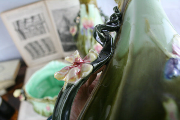 BARBOTINE VASES set Art nouveau 1900 France floral majolica 3 pieces