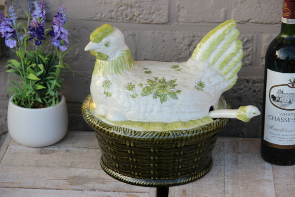 Vintage French large porcelain Barbotine Chicken soup tureen spoon salad