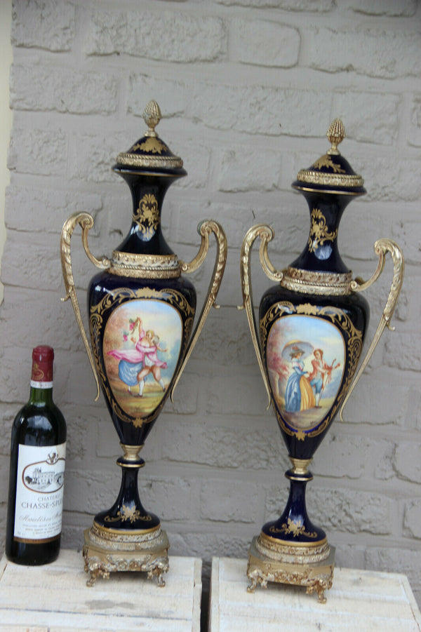 XL pair French sevres blue porcelain romantic victorian Vases marked lion head