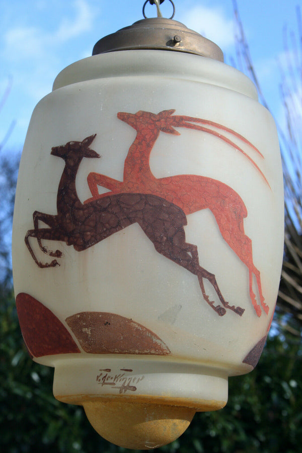 ART DECO Pendant chandelier antilope Deer enameled glass 1930 signed