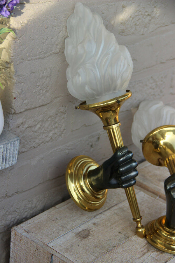 PAIR XL French brass Bronze 2 colour MAISON JANSEN hand wall lights sconces 1970