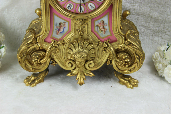 Antique French Mantel clock pink sevres porcelain plaques putti bird floral