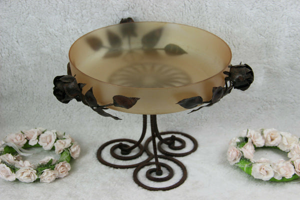 ART Nouveau French antique cast iron rose flowers Rose Glass bowl centerpiece