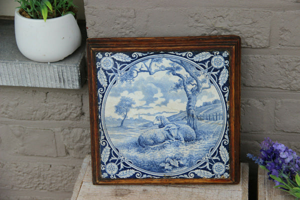 Antique DELFT pottery Tile sheep scene PAN PAT coaster wood frame