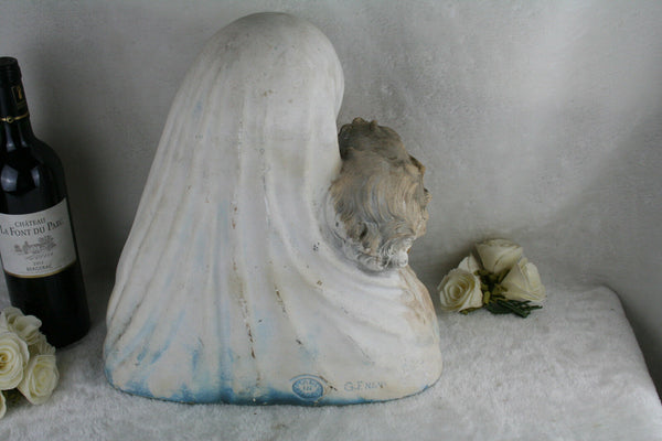 Rare antique Belgian Bust Madonna Mary jesus child religious plaster marked