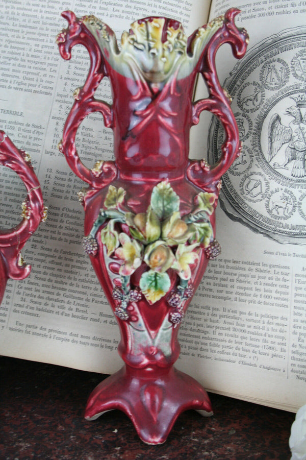 Antique French 1900 art nouveau Barbotine Majolica Vases Set center piece