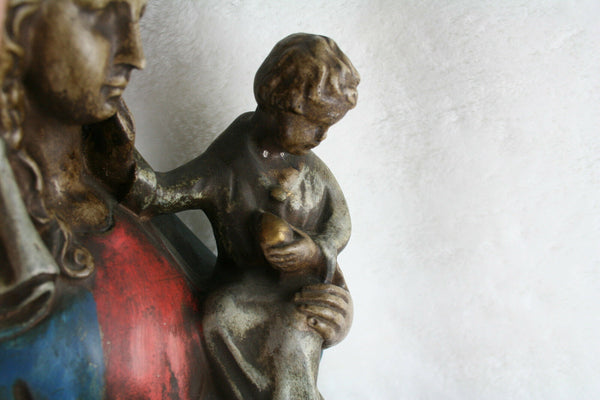 Antique XL Madonna of Flanders lion snake statue figurine plaster polychrome