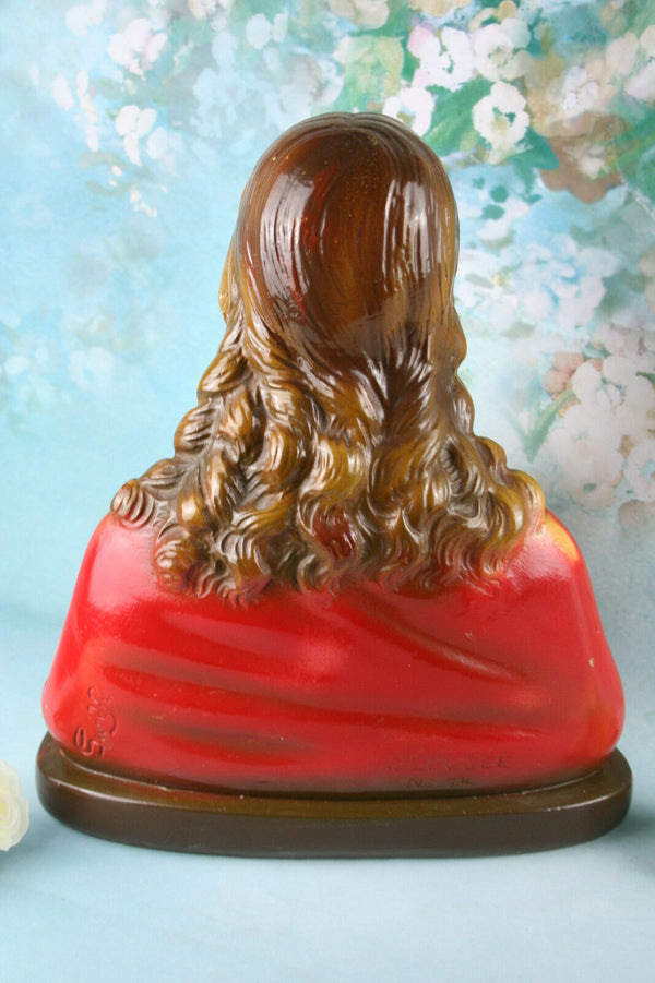 Antique plaster chalkware sacred heart Jesus christ Buste signed 1920's