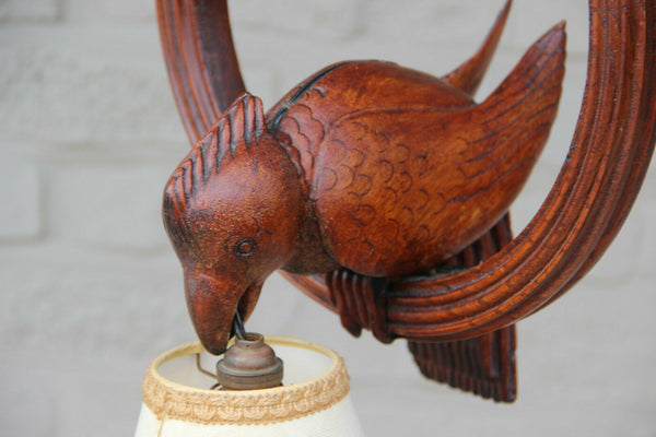 Vintage French Black forest wood carved bird pendant chandelier lamp