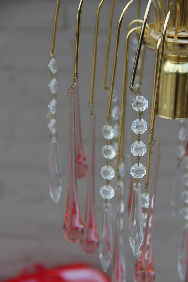 Vintage Murano drops pink Mid century Pendant chandelier brass 1970