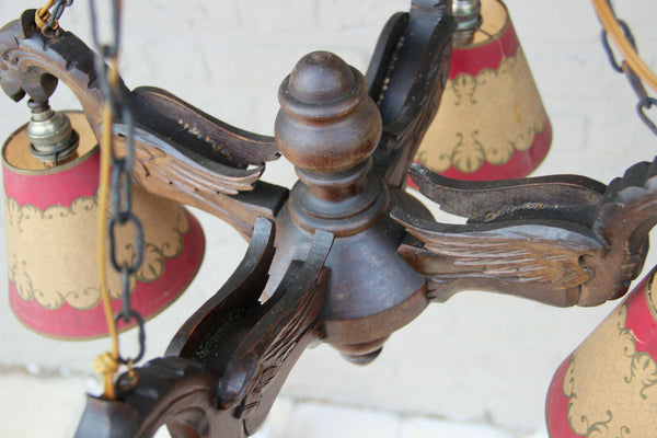 Antique German black forest wood carved griffin bird gothic 4 arm chandelier
