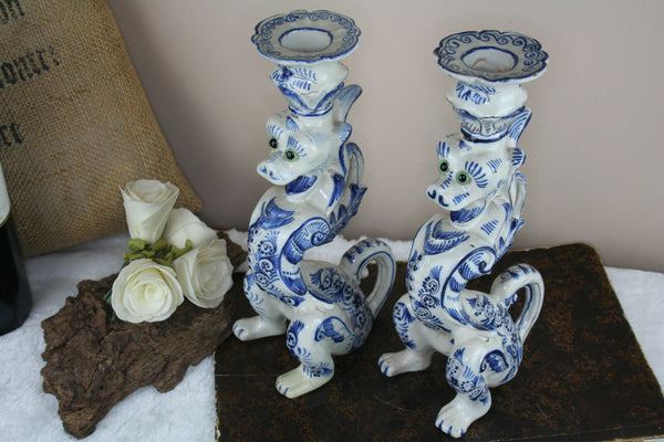 PAIR 1930 Delft pottery marked Dragon gothic candle holders rare special pcs