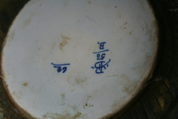 PAIR 1900 Delft Boch pottery Vases with birds bronze frames satyr devil heads