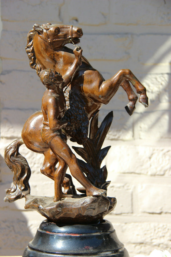 PAIR antique spelter Bronze patina marly horses by Coustou wood base