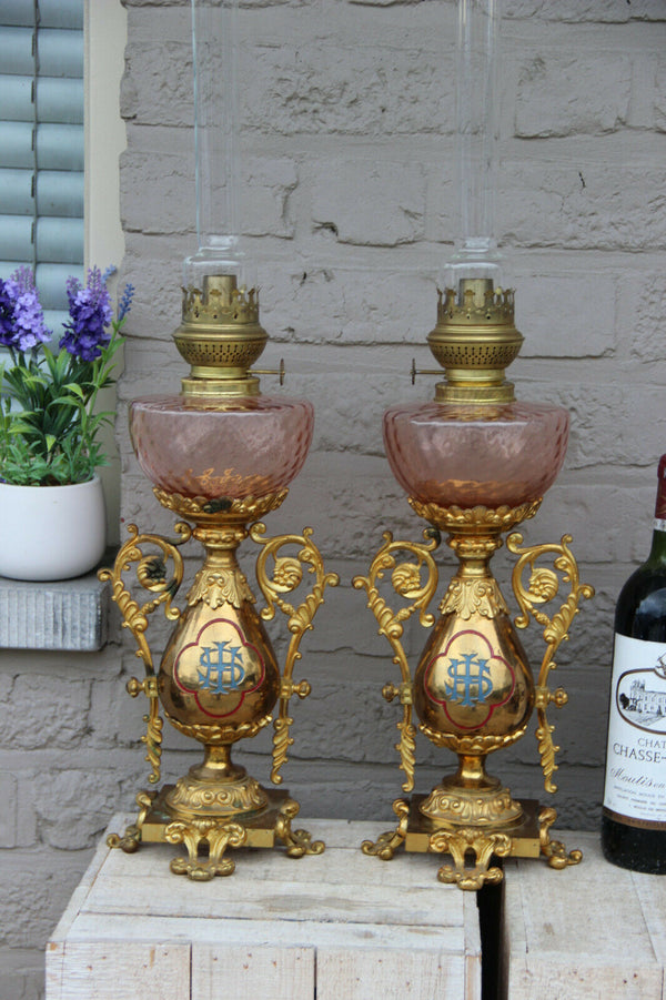 Rare Antique bronze French Church altar PAIR oil Lamps enamel decor religious
