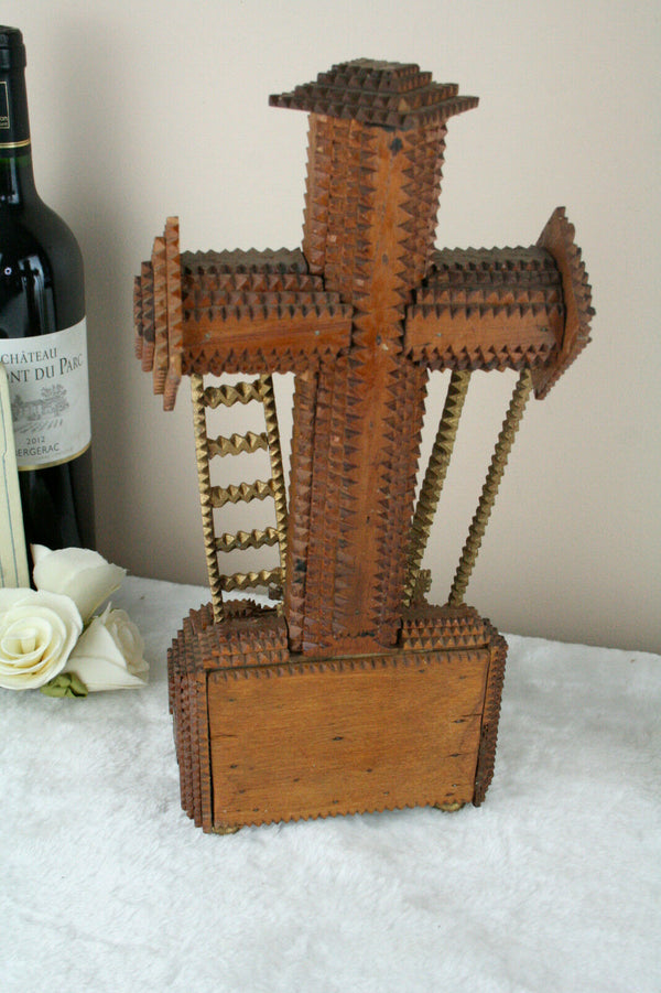 French tramp art wood carved Crucifix Christ cross folk artisan