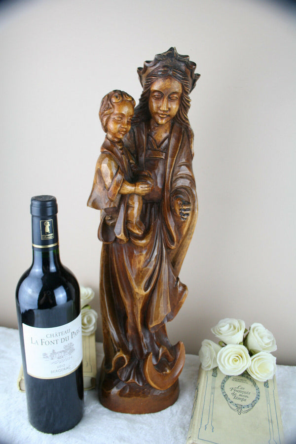 Antique Gorgeous wood carved German Madonna Mary statue religious 1920
