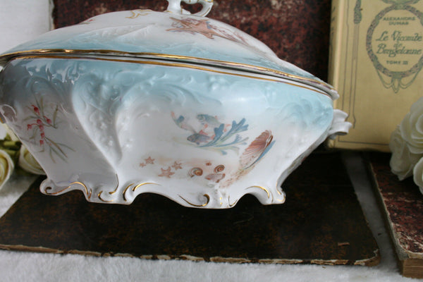 Antique 1900 CT tielsch Porcelain marked bowl shell fish  hand paint