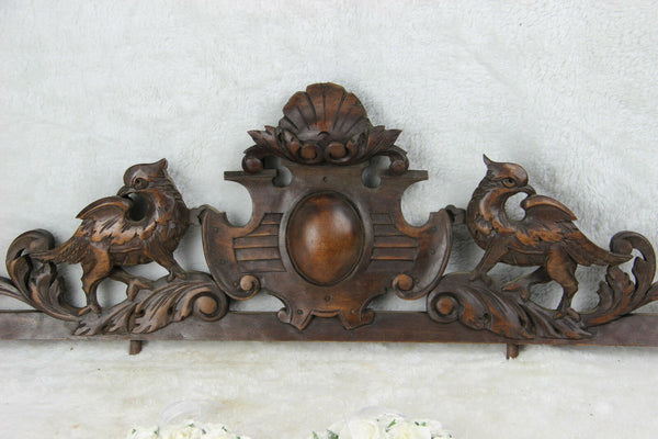 Antique large French pediment fronton wood carved gothic phenix dragon birds