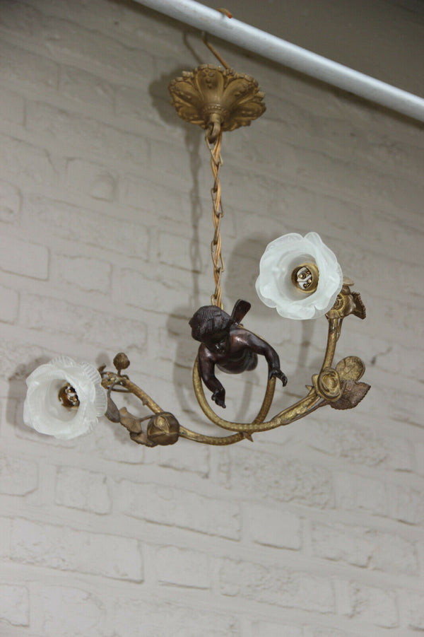 Antique French putti angel Bronze rose flower Glass tulip shades chandelier lamp
