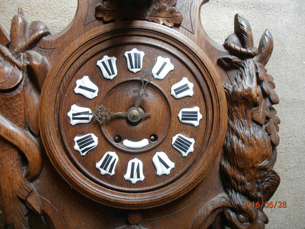 Antique Black forest wood carved hunting trophy clock fish rabbit dog 1900