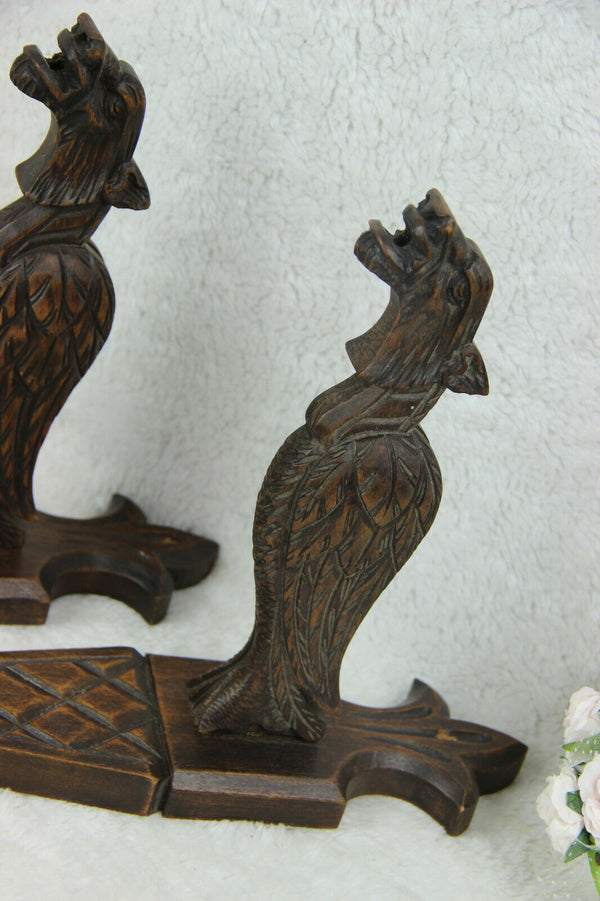 Antique French PAIR wood carved castle gothic dragon gargoyle Wall lights sconce