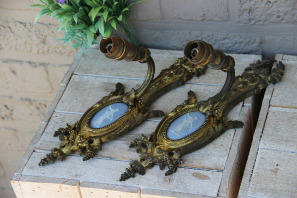 PAIR antique french bronze wegdwood porcelain plaque sconces wall lights