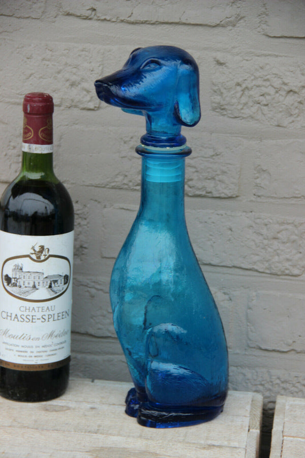 Vintage italian empoli glass decanter 1970 blue coloured dachshund dog decanter