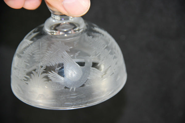 French Crystal Glass etched Hunting deer ducks drageoir sweets box bowl