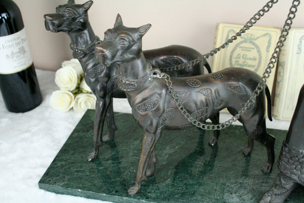 Huge XL Bronze 1930 Art deco lady statue dogs leash on marble base